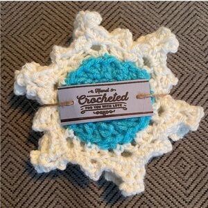NWT crocheted turquoise center, snowflake coasters set of four
